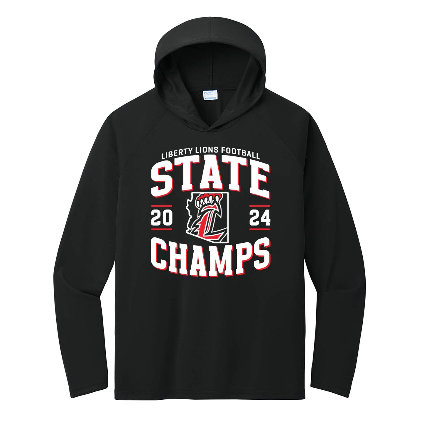 2024 Liberty Lions State Champs Performance Hooded Long Sleeve Tee