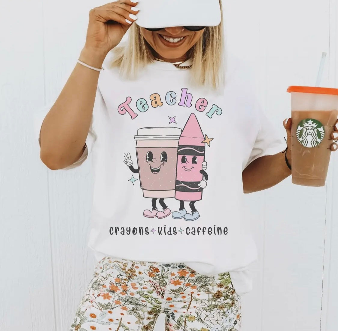 Teacher- Crayons, Kids, and Caffeine Unisex Tee
