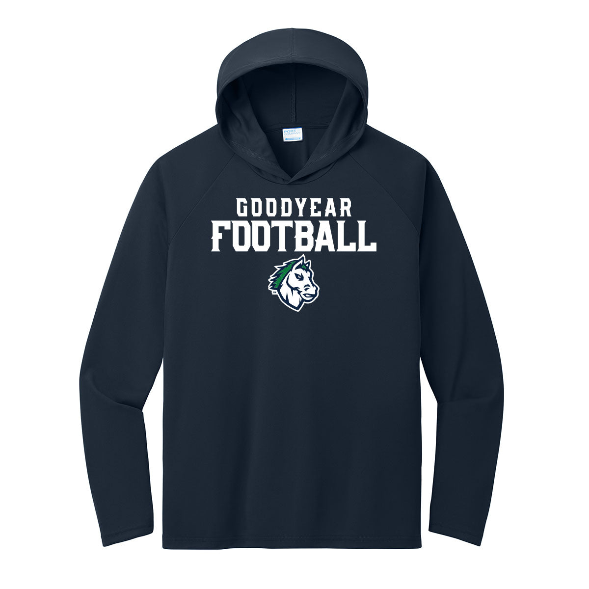 Goodyear Football Stacked Performance Hooded Long Sleeve Tee