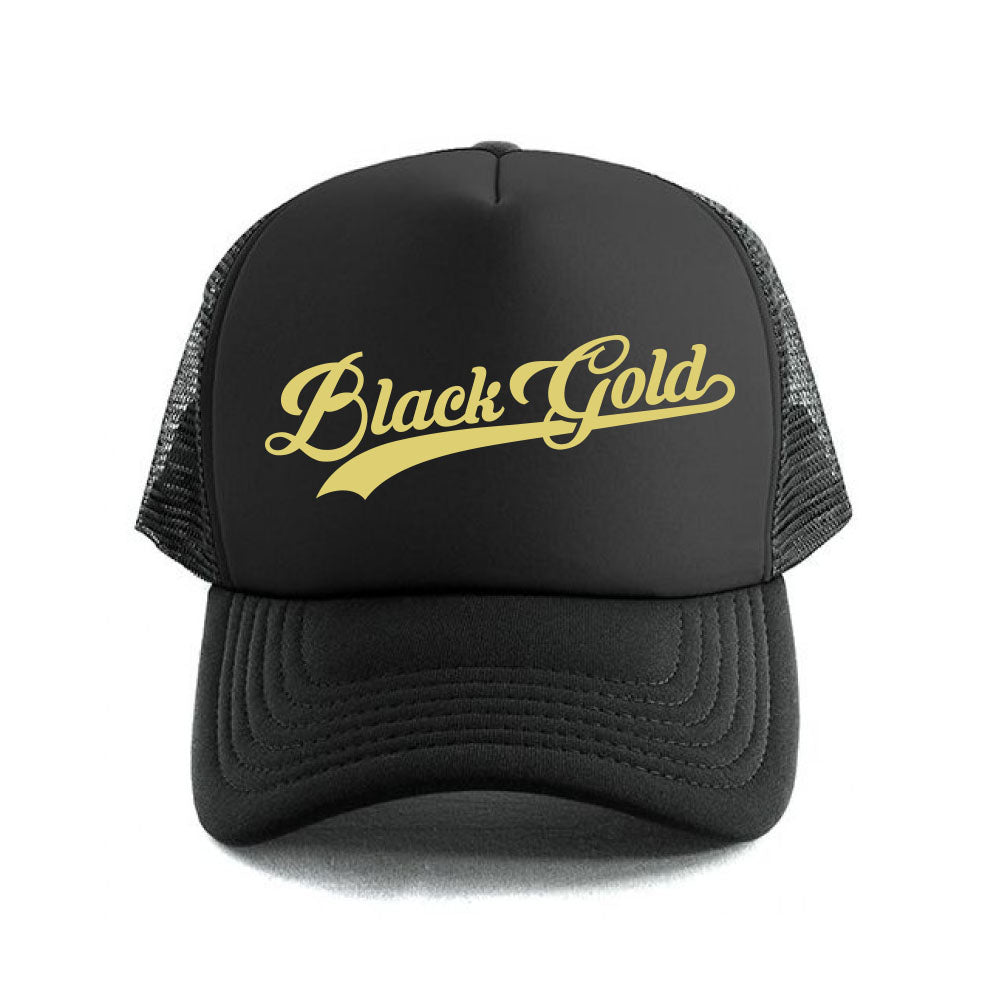 Black Gold Baseball Script Trucker Hat