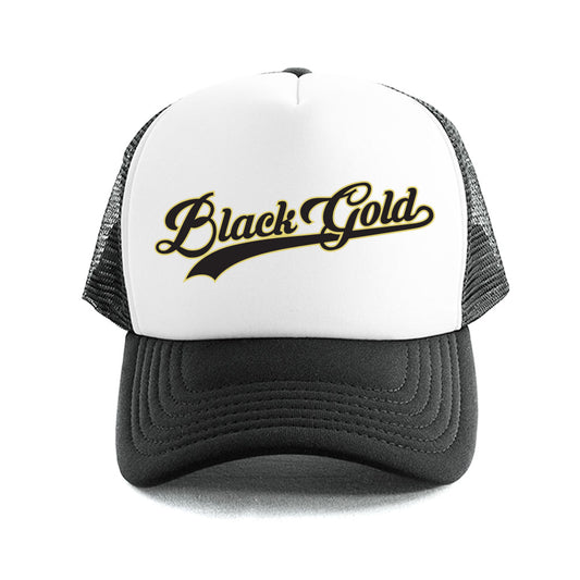 Black Gold Baseball Script Trucker Hat