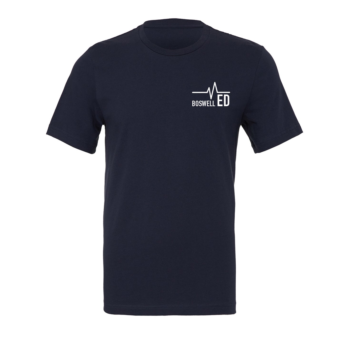 Boswell ER heartbeat flag tee on a soft navy blue unisex crewneck tee. Boswell ED Tee. Located in Arizona. Edit alt text