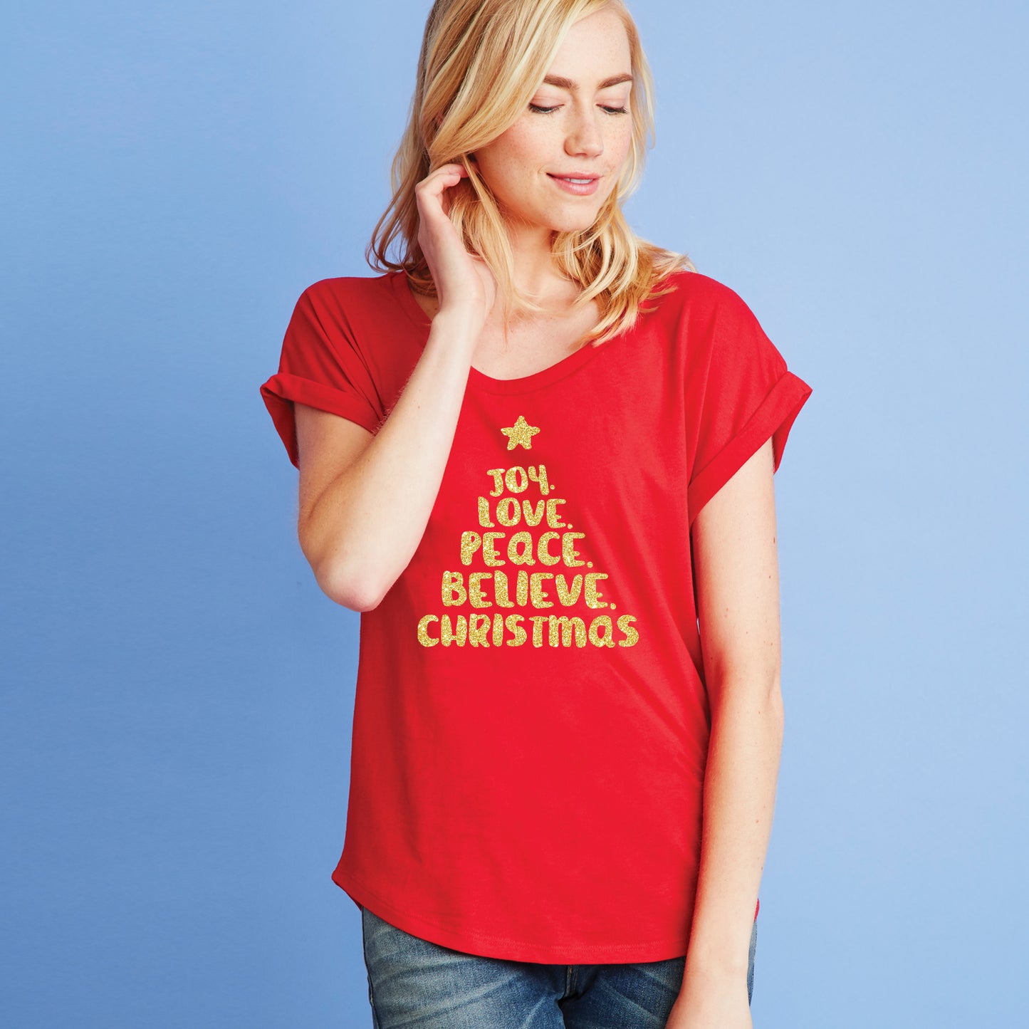 Joy Love Peace Believe Christmas Dolman Tee