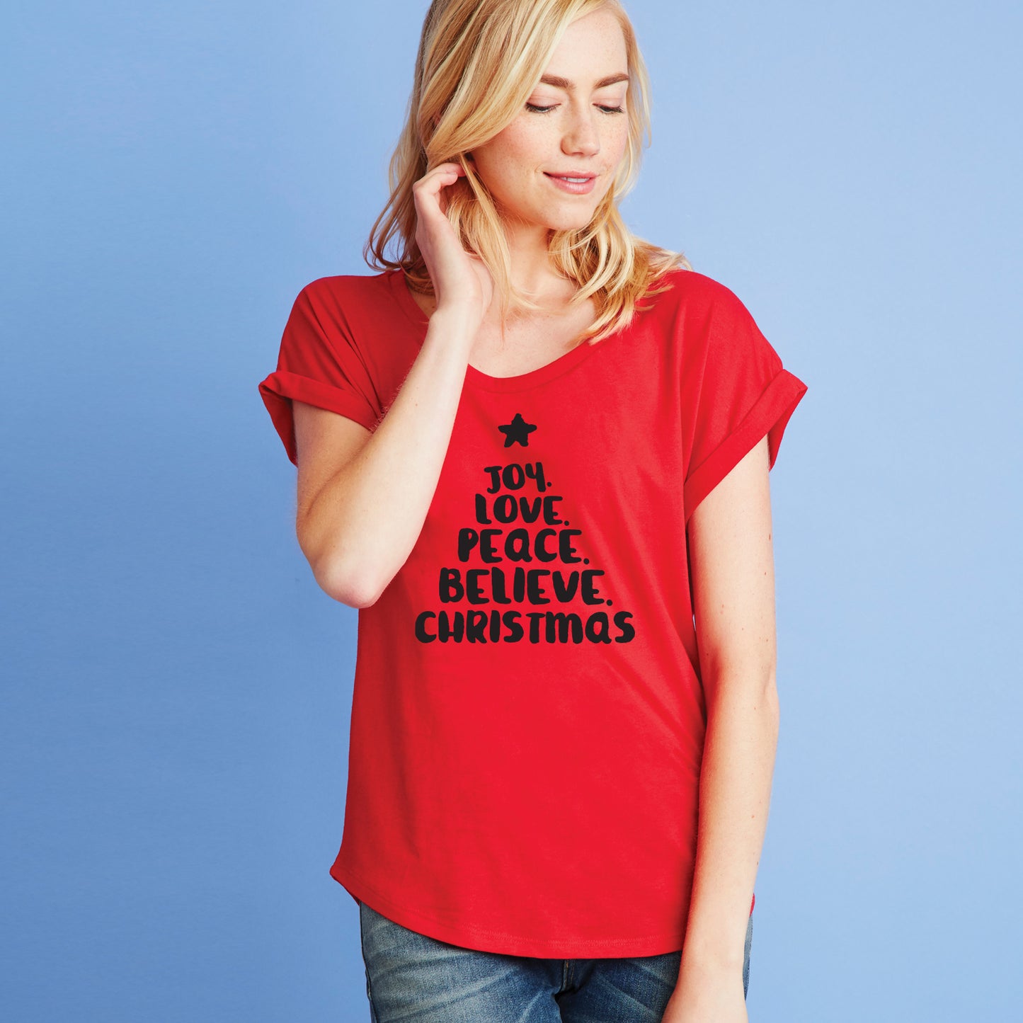Joy Love Peace Believe Christmas Dolman Tee