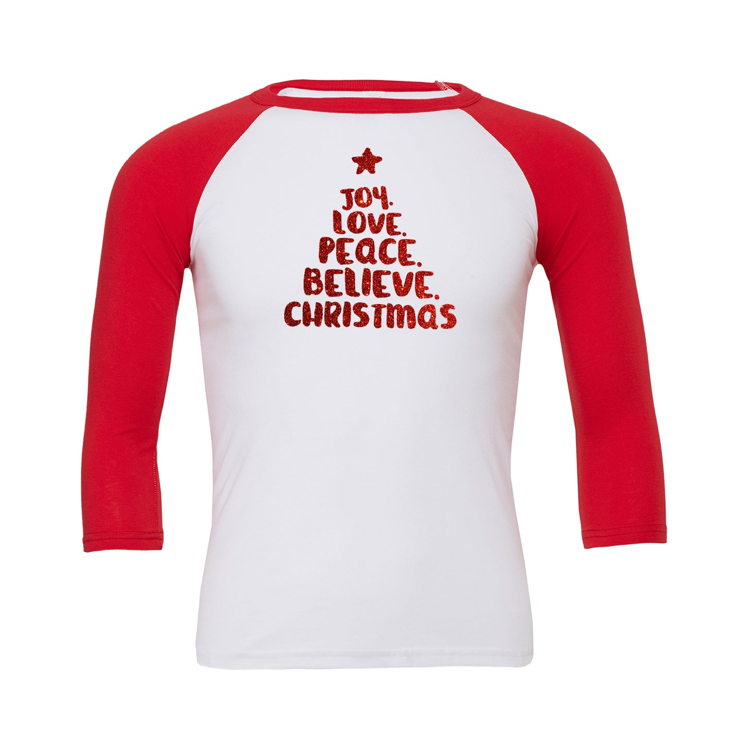 Joy Love Peace Believe Christmas Baseball Tee