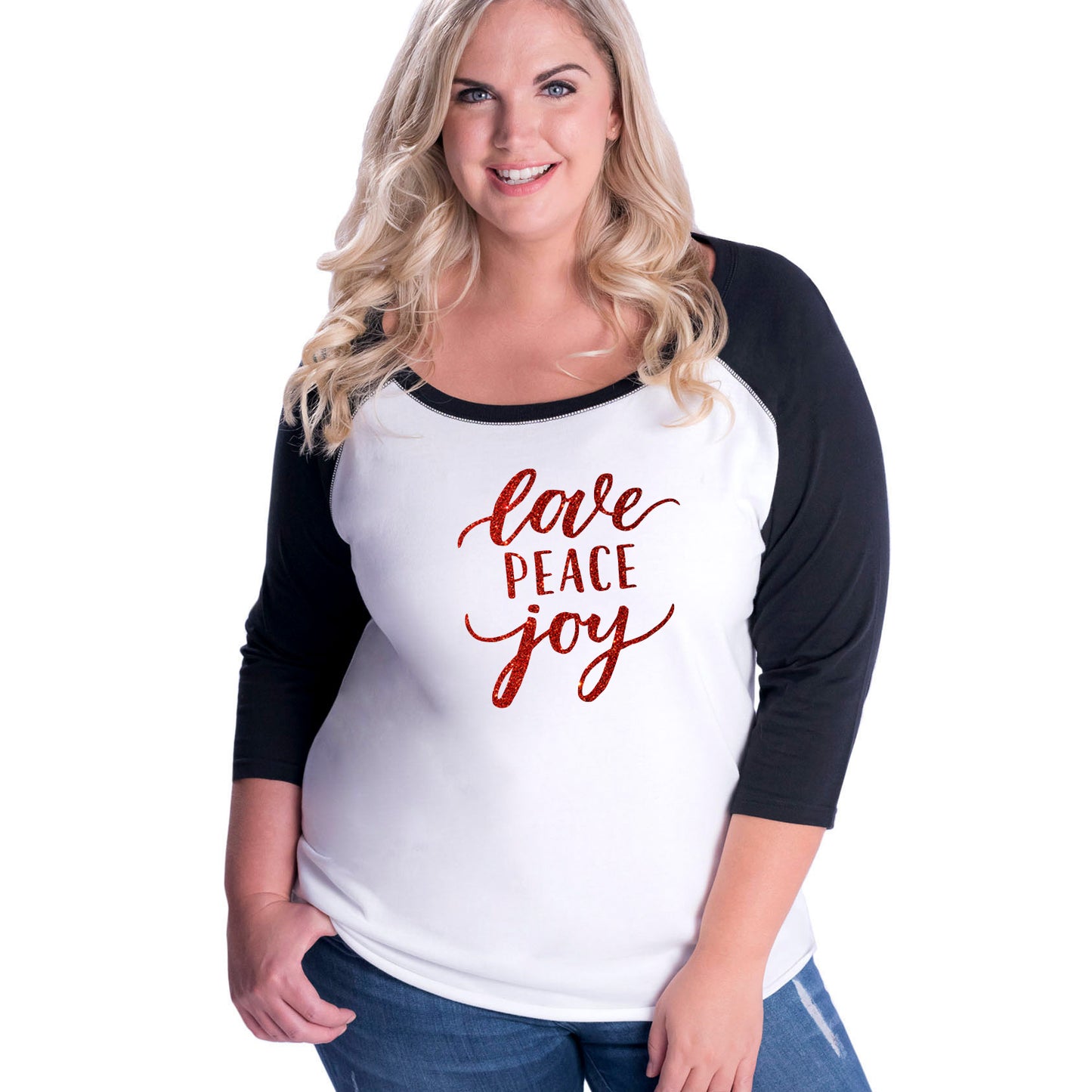 Love Peace Joy Curvy Baseball Tee
