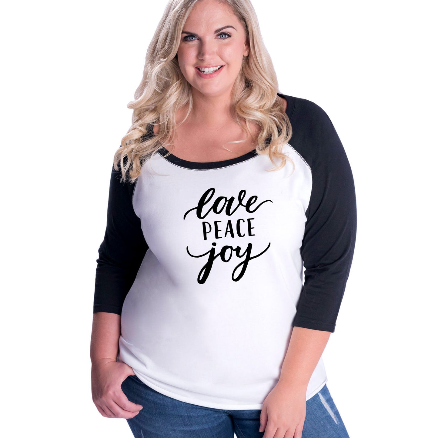Love Peace Joy Curvy Baseball Tee