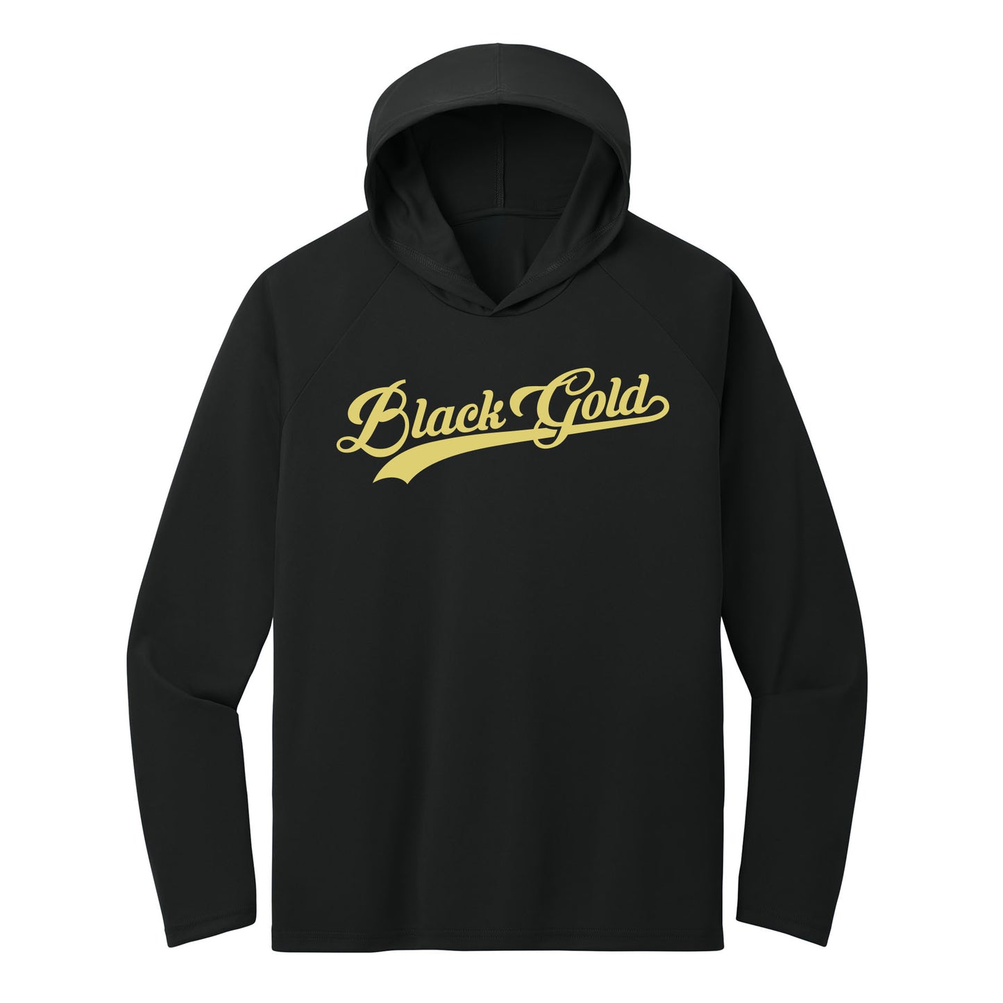 Black Gold Script Performance Hooded Long Sleeve Tee