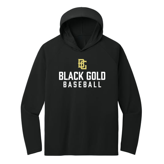 Black and Gold Baseball Performance Hooded Long Sleeve Tee