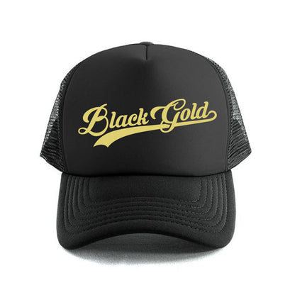 Black Gold Baseball Script Trucker Hat