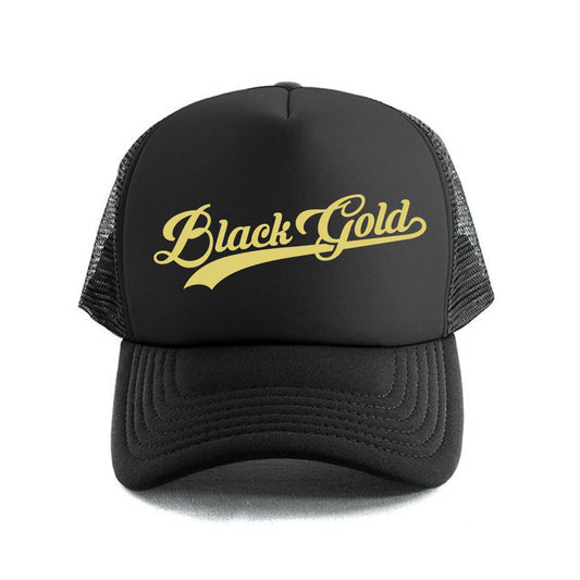 Black Gold Baseball Script Trucker Hat