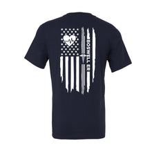 Load image into Gallery viewer, Boswell ER heartbeat flag tee on a soft navy blue unisex crewneck tee. Boswell ED Tee. Located in Arizona.