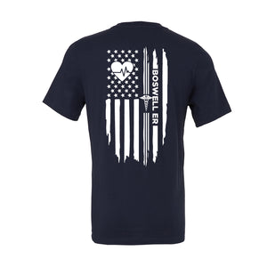 Boswell ER heartbeat flag tee on a soft navy blue unisex crewneck tee. Boswell ED Tee. Located in Arizona.