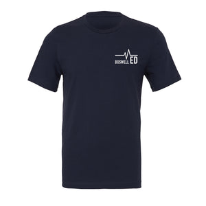 Boswell ER heartbeat flag tee on a soft navy blue unisex crewneck tee. Boswell ED Tee. Located in Arizona.  Edit alt text