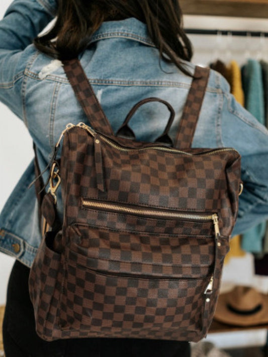 Brown Checkered Convertible Bag