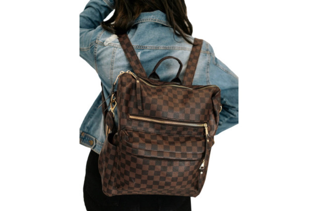 Blessed Beyond Baggage Convertible Bag - Checkered Brown
