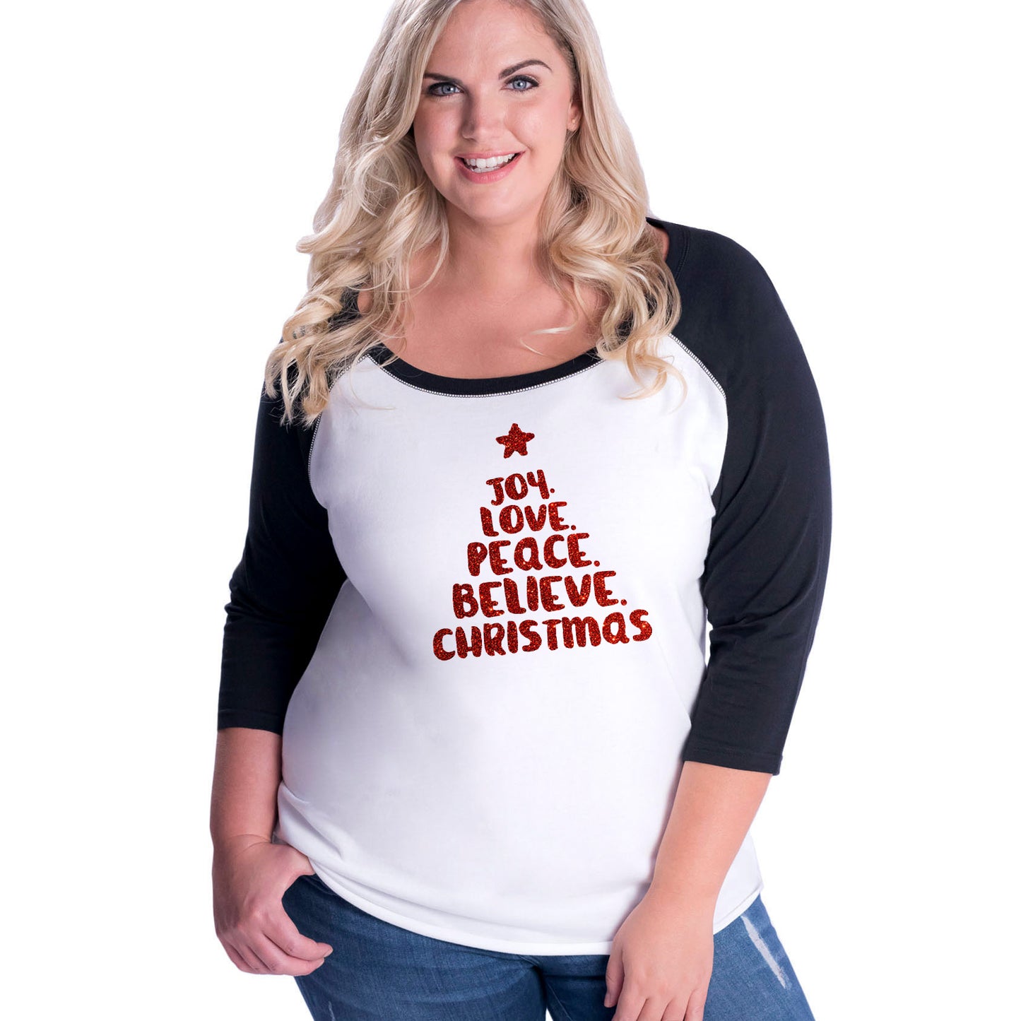 Joy Love Peace Believe Christmas Curvy Baseball Tee