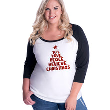Load image into Gallery viewer, Joy Love Peace Believe Christmas Curvy Baseball Tee