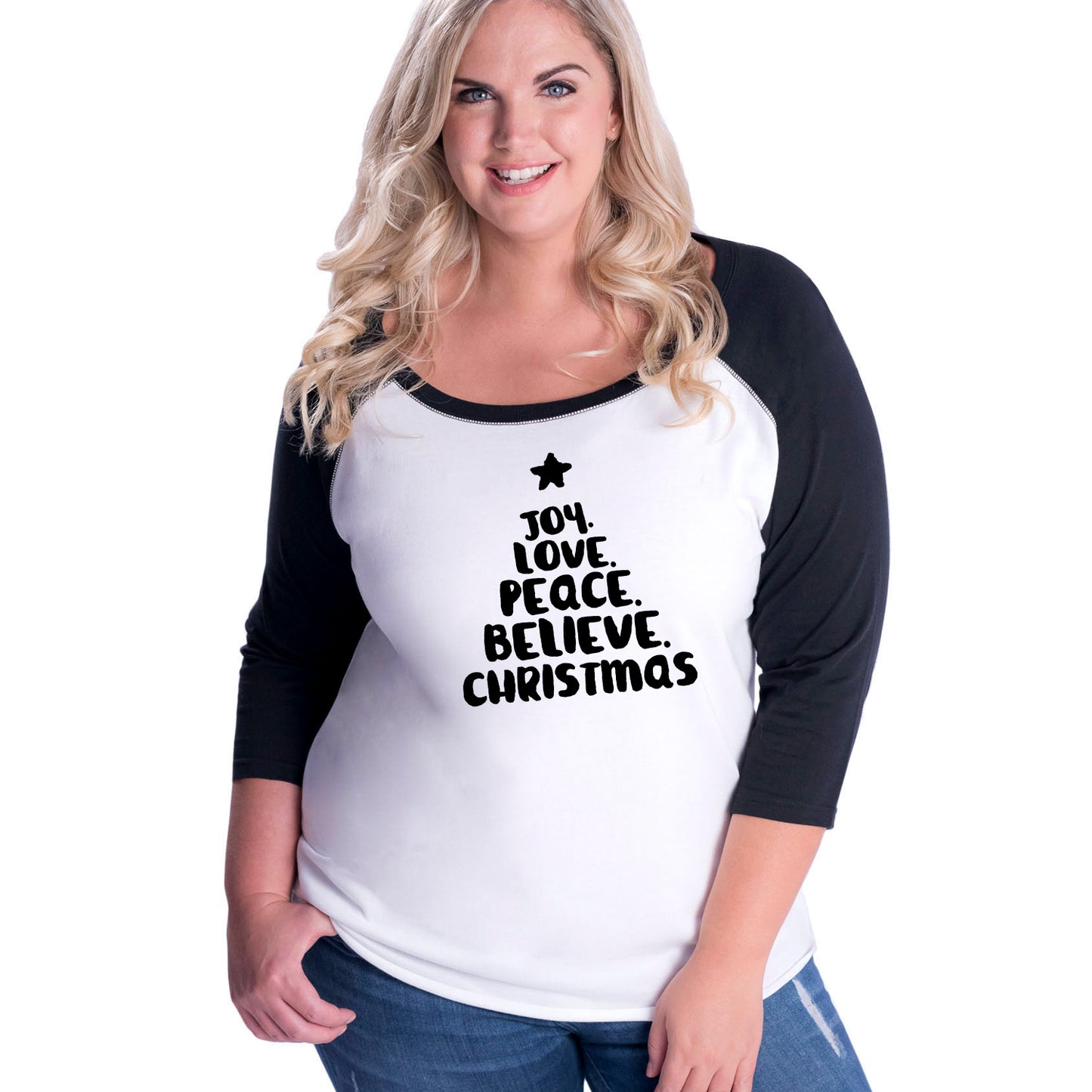 Joy Love Peace Believe Christmas Curvy Baseball Tee