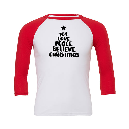 Joy Love Peace Believe Christmas Baseball Tee