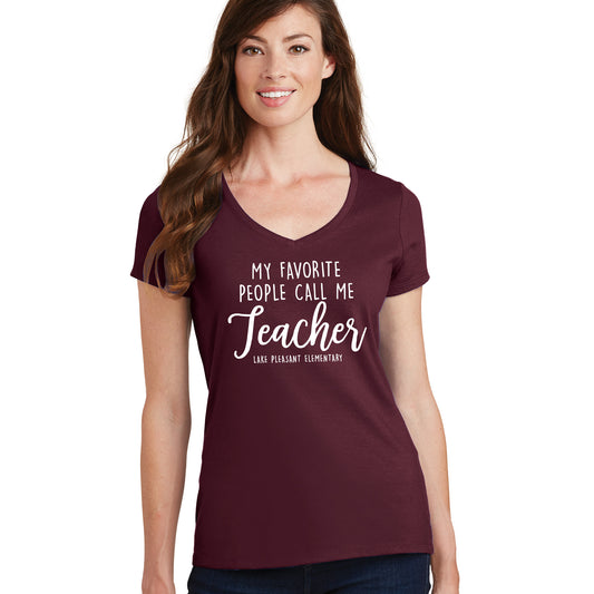 Teacher Maroon Ladies Performance Blend V-Neck Tee (4 different design options)