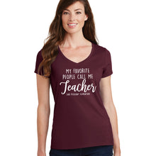 Load image into Gallery viewer, Teacher Maroon Ladies Performance Blend V-Neck Tee (4 different design options)