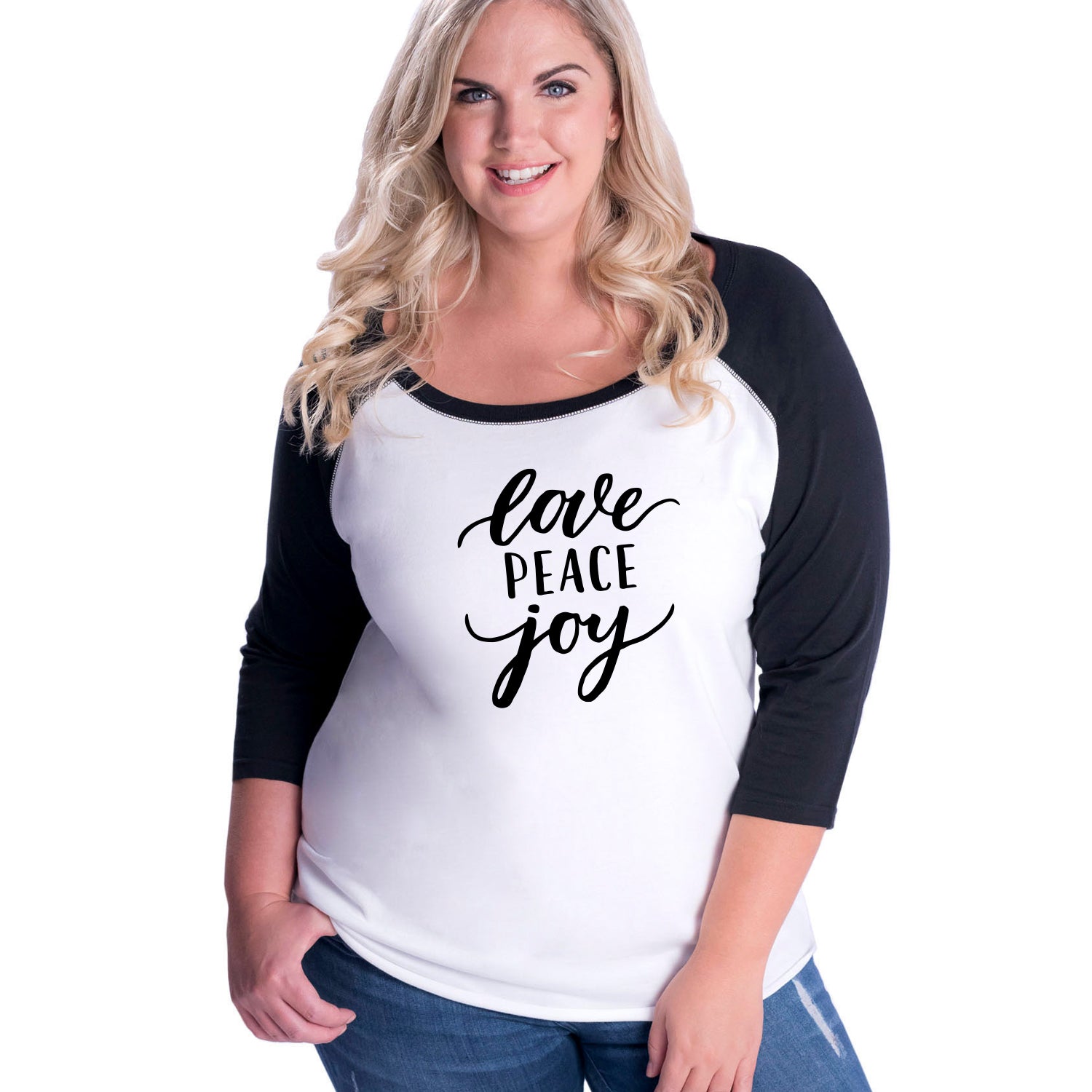 Love Peace Joy Curvy Baseball Tee