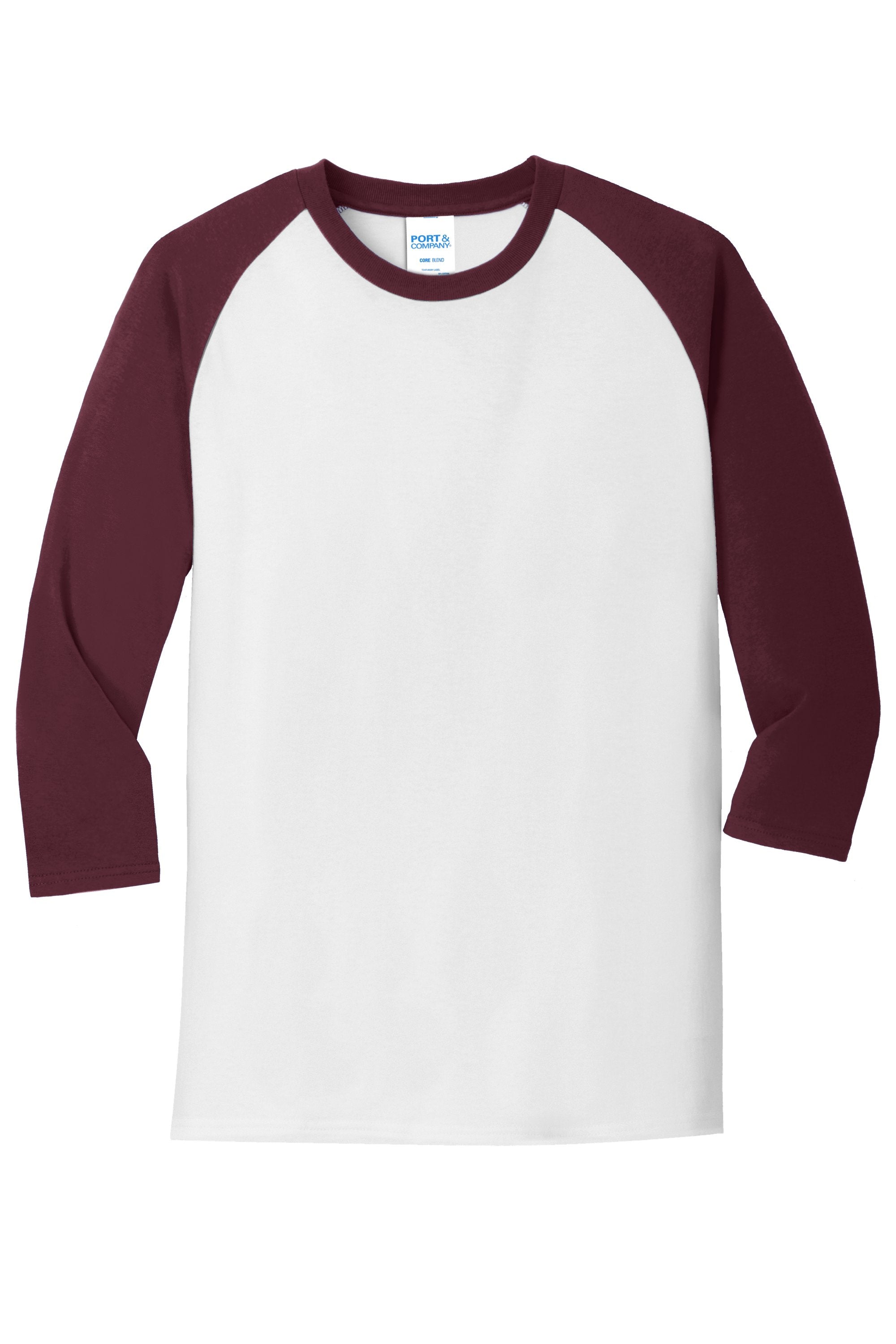 Youth Maroon and White Core Blend 3/4-Sleeve Raglan Tee (7 different design options)