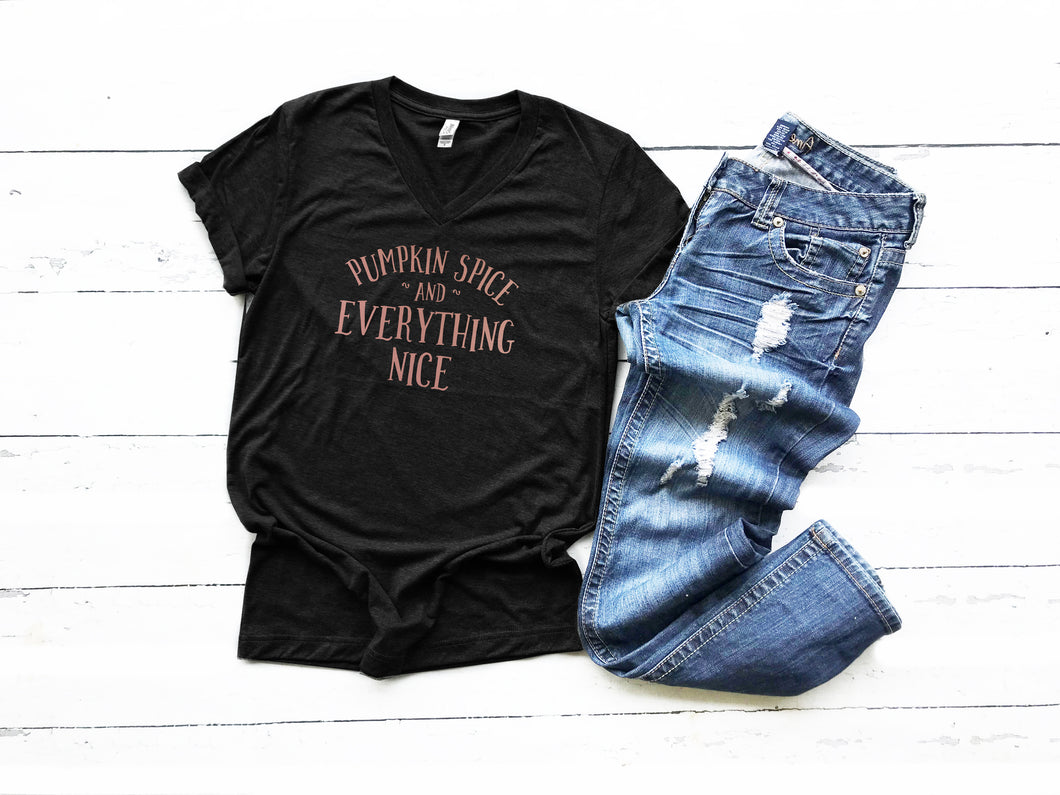 Pumpkin Spice and Everything Nice Tee. This updated unisex tee essential fits like a well-loved favorite, featuring a classic V-neck, short sleeves and superior combed and ring-spun cotton. JLD is super excited to customize your new fall tee!   Choose your shirt size, color, and your art color to make this perfect fall tee your own! 